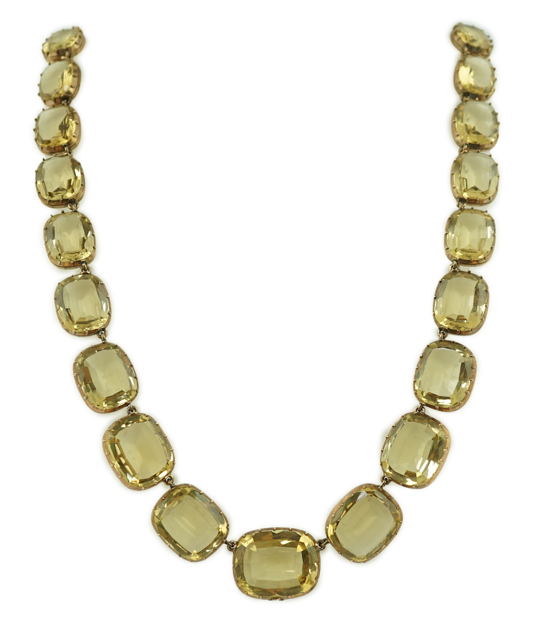 A Victorian gold and graduated cushion cut citrine necklace
